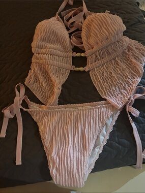 Textured Pink Ruched Tie-Side Bikini Top & Bottom Set